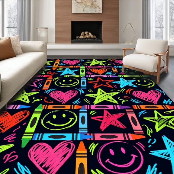 ODIKA 6'x9' Machine Washable Non-Slip Area Rug, Artistic Scribble Grid with Multicolored Crayon Marks and Fun Symbols High Traffic Rug, Black, 816224