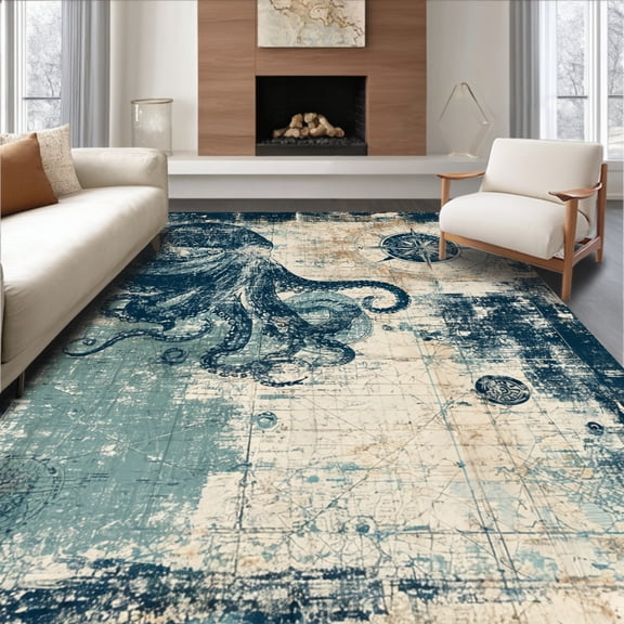 ODIKA 6'x9' Machine Washable Non-Slip Area Rug, Kraken Legend Nautical with Oceanic Map Motifs and Swirling Octopus Design High Traffic Rug, Blue, 38776