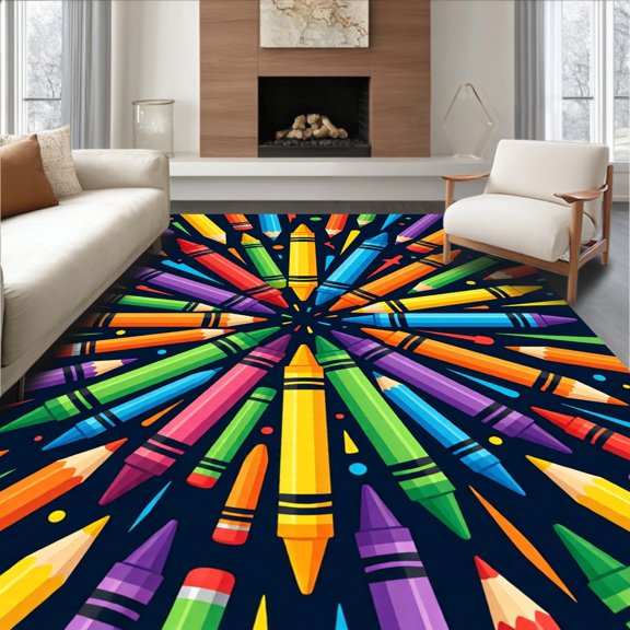 ODIKA 6'x9' Machine Washable Non-Slip Area Rug, Vibrant Crayon Burst Educational Learning with Pencil Motifs High Traffic Rug, Blue, 816217