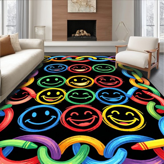 ODIKA 6'x9' Machine Washable Non-Slip Area Rug, Welcome Smile Showcasing Interlocking Friendly Faces and Crayon Borders High Traffic Rug, Black, 816225