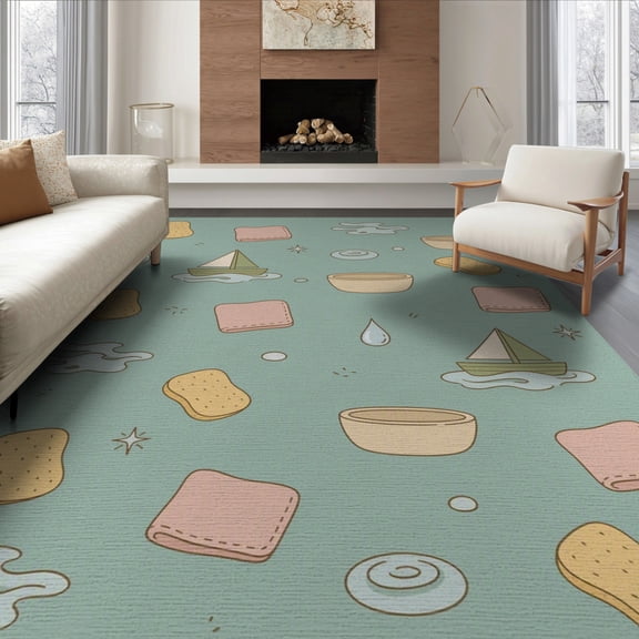 ODIKA 6'x9' Mint Green Bubble Bath Sailboat Sponge Washable Area Rug Whimsical Nautical Spa With Towels Bowls Water Drops Stars for Dining Room, Under Table, Office Décor, Non-Slip Chair-Friendly