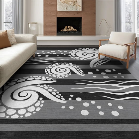 ODIKA 6'x9' Monochrome Swirl Tentacle Spiral Striped Washable Area Rug Abstract Oceanic Motifs With Dotted Borders for Queen Size Bedroom, Under Bed, Master Suite, Easy Care, Non-Shedding