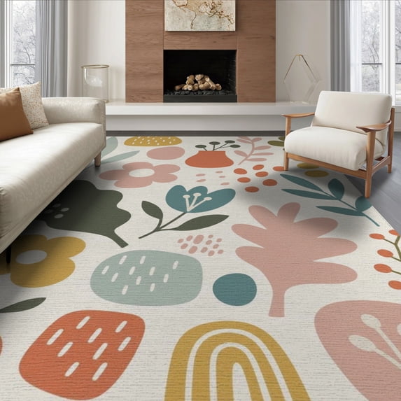 ODIKA 6'x9' Muted Pastel Springtime Harmony Design Washable Area Rug Chic Mid-Modern Motifs with Playful Floral Easy Care, Non-Shedding, for Queen Size Bedroom Under Bed Master Suite