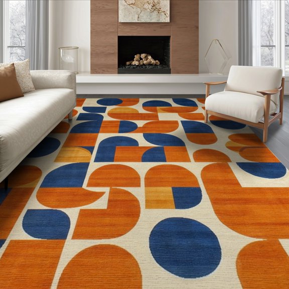 ODIKA 6'x9' Navy Blue Burnt Orange Abstract Geometric Washable Area Rug Retro Interlocking Shapes Modern Grid Layout Bold Contrast for Dining Room, Under Table, Office Décor, Non-Slip Chair-Friendly