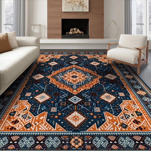 ODIKA 6'x9' Navy Blue Burnt Orange Geometric Abstract Washable Area Rug Centered Emblem Retro Radiating Motif Framed Border for Queen Size Bedroom, Under Bed, Master Suite, Easy Care, Non-Shedding