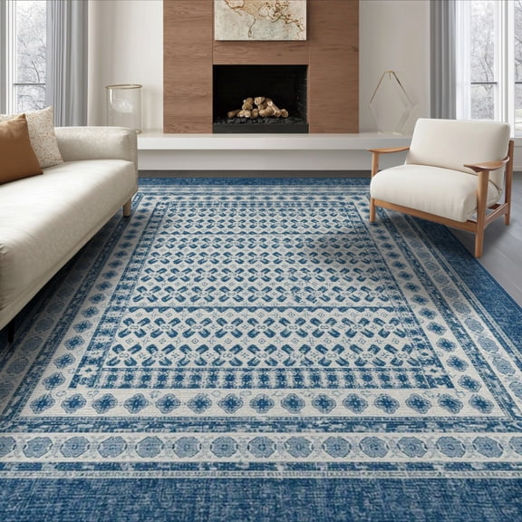 ODIKA 6'x9' Navy Blue Ivory Geometric Cross Motif Washable Area Rug Vintage Medallion With Intricate Diamond Lattice Work And Ornate Multi for Family Room, Living Mater Bedroom, Non-Slip, Easy Care