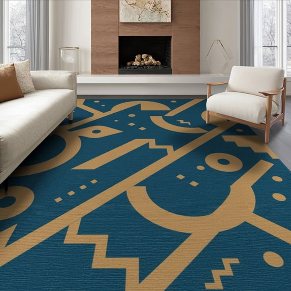 ODIKA 6'x9' Navy Blue Ochre Abstract Geometric Washable Area Rug Modern Artistic Stepped Forms Curved Lines Diamond Dots Minimalist Graphic Non-Slip, Easy Care, for Family Room, Living Mater Bedroom