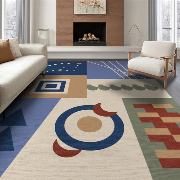 ODIKA 6'x9' Navy Geometric Abstract Design With Modern Washable Area Rug Nautical Ornamental Balanced Border Layout Non-Slip, Chair-Friendly, for Dining Room, Under Table, Office Décor