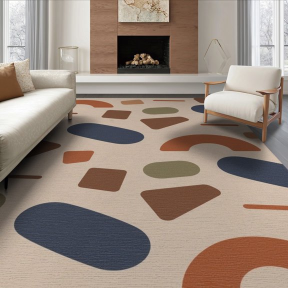 ODIKA 6'x9' Navy Terracotta Abstract Shapes Washable Area Rug Modern Geometric Design with Unique Style for Dining Room, Under Table, Office Décor, Non-Slip Chair-Friendly