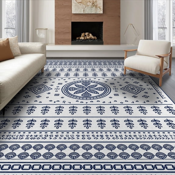 ODIKA 6'x9' Navy White Geometric Floral Design Washable Area Rug Intricate Patterns with Modern Touch Easy Care, Non-Shedding, for Queen Size Bedroom Under Bed Master Suite