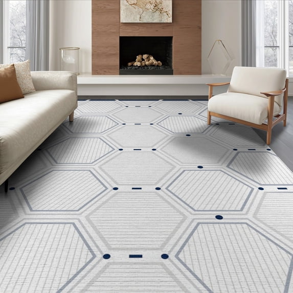 ODIKA 6'x9' Navy White Geometric Hexagon Design Washable Area Rug Modern Pattern with Bold Hexagonal Shapes Easy Care, Non-Shedding, for Queen Size Bedroom Under Bed Master Suite