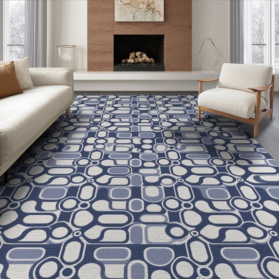 ODIKA 6'x9' Navy White Geometric Retro Design Washable Area Rug Bold Mid-Century Inspired Abstract Pattern Non-Slip, Chair-Friendly, for Dining Room, Under Table, Office Décor