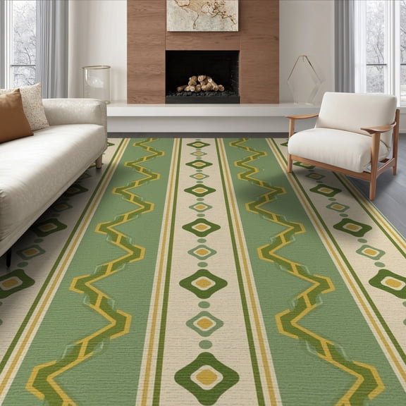 ODIKA 6'x9' Olive Cream Geometric Pattern Decor Washable Area Rug Modern Abstract Stripes and Diamond Design for Family Room, Living Mater Bedroom, Non-Slip, Easy Care