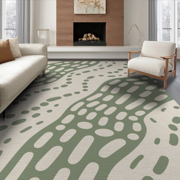 ODIKA 6'x9' Olive Cream Waves Abstract Design Washable Area Rug Flowing Patterns with Modern Flair for Dining Room, Under Table, Office Décor, Non-Slip Chair-Friendly
