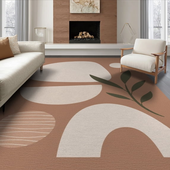 ODIKA 6'x9' Orange Abstract Terracotta Design Washable Area Rug Modern Geometric Shapes with Leaf Accent Non-Slip, Chair-Friendly, for Dining Room, Under Table, Office Décor