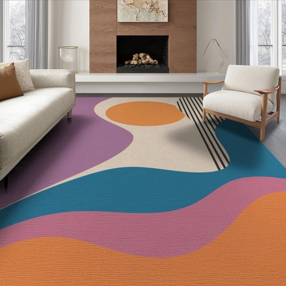 ODIKA 6'x9' Orange Purple Abstract Waves and Geometric Washable Area Rug Inspired by Vintage California Sun, Ideal for Queen Size Bedroom, Under Bed, Master Suite, Easy Care, Non-Shedding