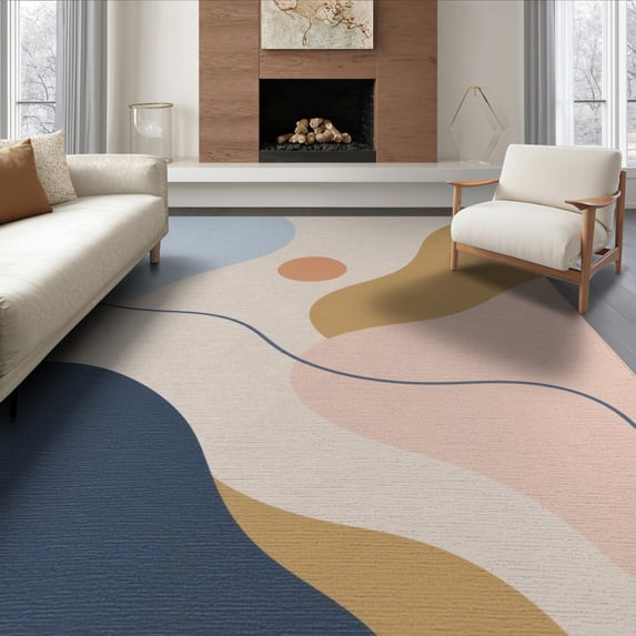 ODIKA 6'x9' Washable Area Rug Non-Slip, Easy Care, Pastel Multicolor Abstract Flow Design Modern Curved Shapes with Retro Vibes for Family Room, Living Room, Master Bedroom