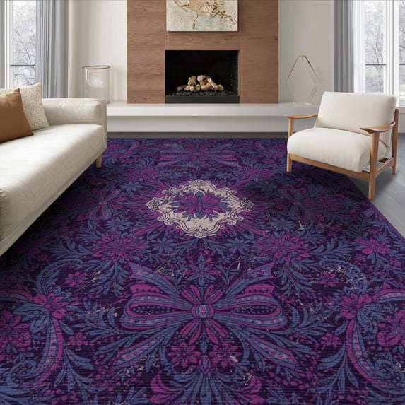 ODIKA 6'x9' Purple Tone Ornate Boho Statement Decorative Symmetry Plum Magenta Washable Area Rug None Non-Slip, Chair-Friendly, for Dining Room, Under Table, Office Décor
