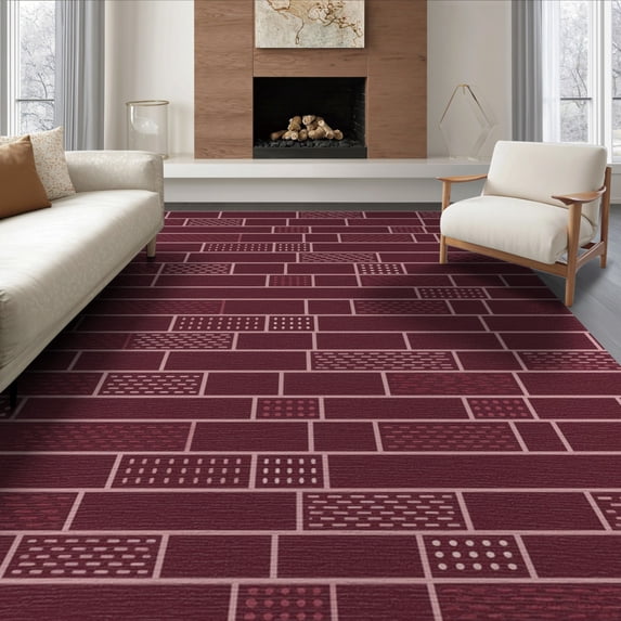 ODIKA 6'x9' Red Deep Geometric Brick Pattern Washable Area Rug Modern Rectangular Block Layout with Textured for Queen Size Bedroom, Under Bed, Master Suite, Easy Care, Non-Shedding