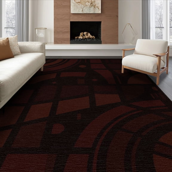 ODIKA 6'x9' Red Deep Modern Geometric Abstract Wine Washable Area Rug Contemporary Curved Lines Architectural Block Non-Slip, Chair-Friendly, for Dining Room, Under Table, Office Décor
