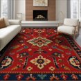 thumbnail image 1 of ODIKA 6'x9' Red Vibrant Geometric Symmetry Design Washable Area Rug Intricate Tribal Motifs with Bold Border Detailing for Queen Size Bedroom, Under Bed, Master Suite, Easy Care, Non-Shedding, 1 of 7