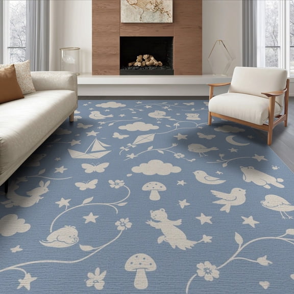 ODIKA 6'x9' Sky Blue Enchanted Dreams Once Washable Area Rug Whimsical Creatures And Stars In A Fairytale Design Non-Slip, Easy Care, for Family Room, Living Mater Bedroom