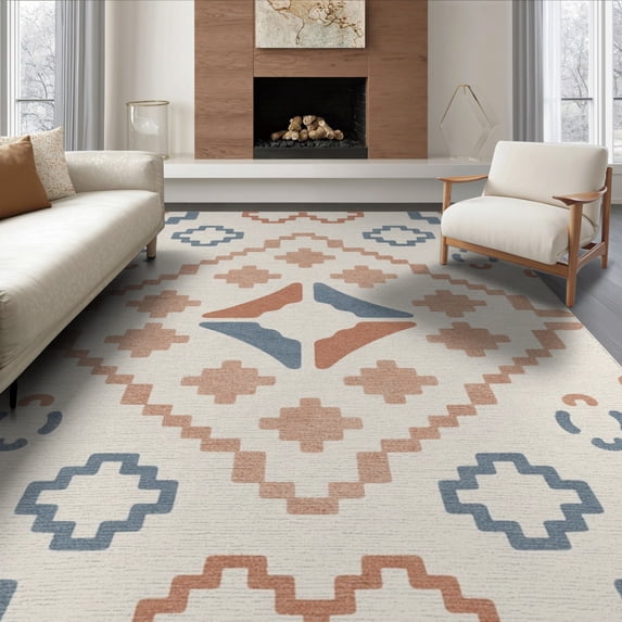 ODIKA 6'x9' Sky And Terracotta Geometric Washable Area Rug Intricate Modern Patterns with Classic Flair for Dining Room, Under Table, Office Décor, Non-Slip Chair-Friendly