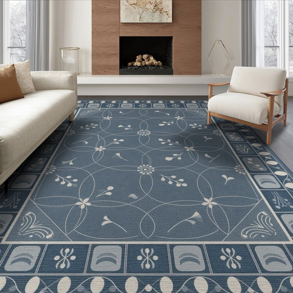 ODIKA 6'x9' Slate Blue Floral Charcoal Washable Area Rug Botanical Motif With Intricate Geometric Border Design Non-Slip, Easy Care, for Family Room, Living Mater Bedroom