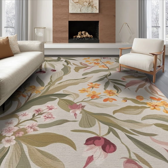 ODIKA 6'x9' Soft Floral Hues Enchanted Blossom Washable Area Rug Timeless Garden Design with Lush Botanical Motifs for Dining Room, Under Table, Office Décor, Non-Slip Chair-Friendly