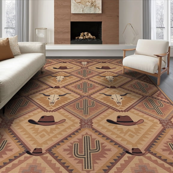 ODIKA 6'x9' Southwestern Boho Cactus Mosaic With Cowboy And Longhorn Symbols Washable Area Rug None Easy Care, Non-Shedding, for Queen Size Bedroom Under Bed Master Suite