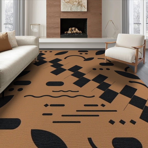 ODIKA 6'x9' Tan Abstract Geometric Im Busy Design Washable Area Rug Contemporary Diagonal Squares Leaves Dots Wavy Lines Modern Artistic for Family Room, Living Mater Bedroom, Non-Slip, Easy Care