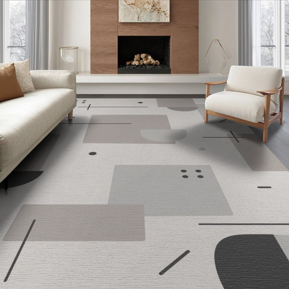 ODIKA 6'x9' Tan Gray Modern Geometric Abstract Washable Area Rug Minimalist Shapes Lines Dots Circles Rectangles for Queen Size Bedroom, Under Bed, Master Suite, Easy Care, Non-Shedding