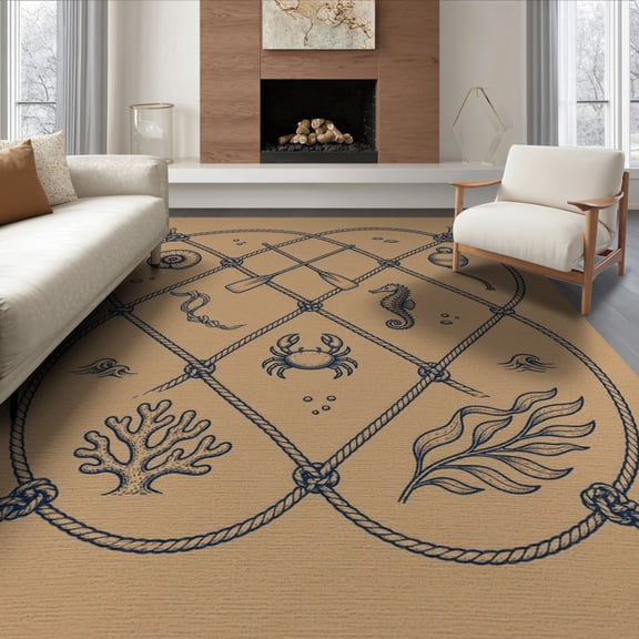 ODIKA 6'x9' Tan Nautical Catch Todays Black Washable Area Rug Intricate Marine Life Motifs With Rope Design Ornamental for Queen Size Bedroom, Under Bed, Master Suite, Easy Care, Non-Shedding