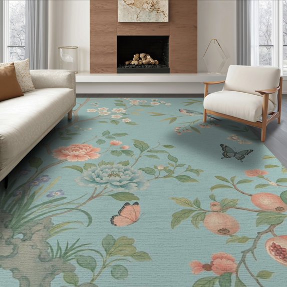 ODIKA 6'x9' Teal Blue Chinoiserie Garden Elegance Washable Area Rug Delicate Floral and Bird Motif Design Non-Slip, Chair-Friendly, for Dining Room, Under Table, Office Décor
