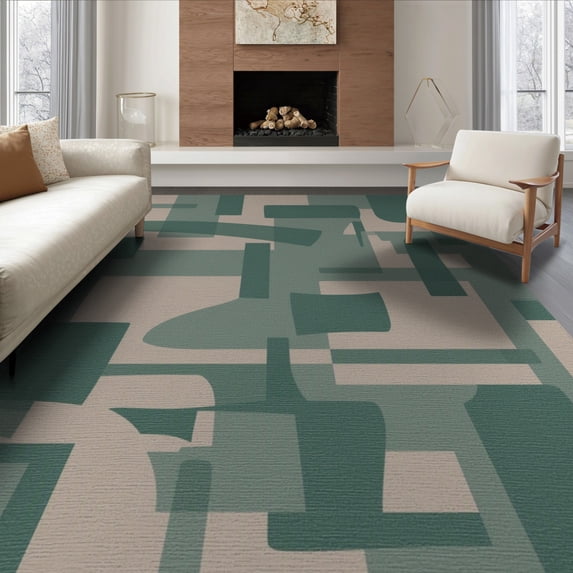 ODIKA 6'x9' Teal Green Abstract Geometric Kasbah Washable Area Rug Modern Art Style With Bold Shapes And Clean Lines Non-Slip, Chair-Friendly, for Dining Room, Under Table, Office Décor