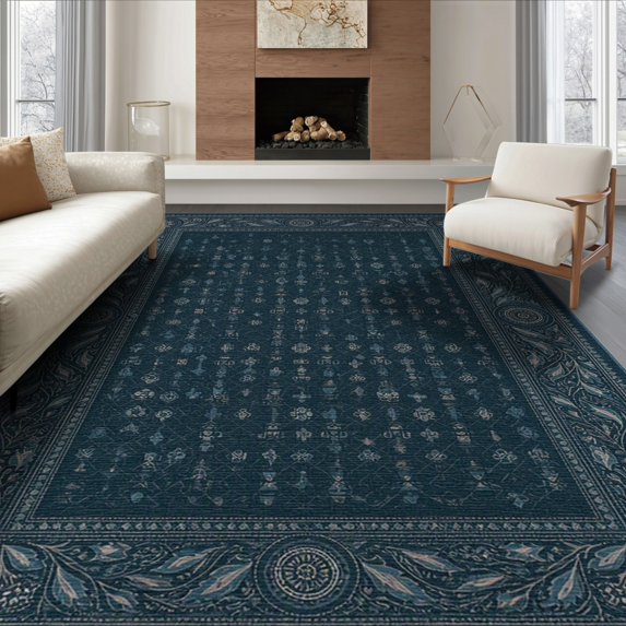 ODIKA 6'x9' Teal Midnight Ornate Medallion Washable Area Rug Intricate Botanical Scrollwork Border With Classical Rosette Corner Motifs for Family Room, Living Mater Bedroom, Non-Slip, Easy Care