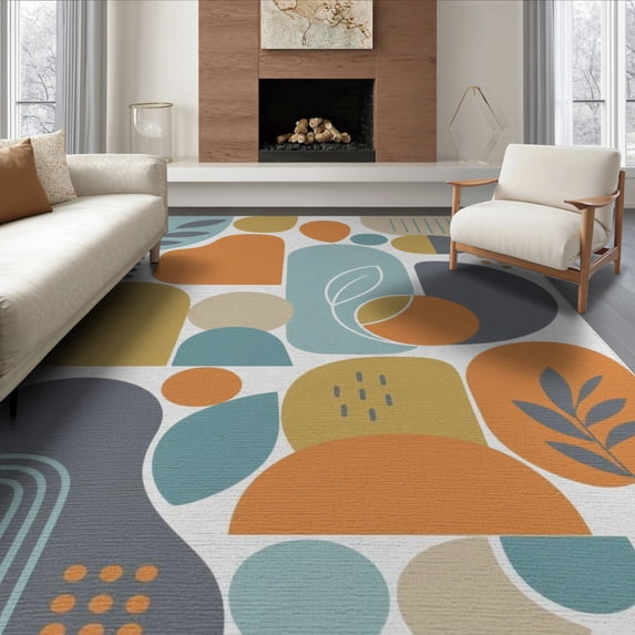 ODIKA 6'x9' Teal Orange Abstract Geometric Harmony Washable Area Rug Mid Century Modern Inspired Visual Aesthetics Easy Care, Non-Shedding, for Queen Size Bedroom Under Bed Master Suite