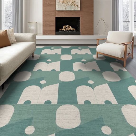 ODIKA 6'x9' Teal Sage Green Geometric Checkered Washable Area Rug Modern Mid Century Repeating Motif With Rounded Arch for Dining Room, Under Table, Office Décor, Non-Slip Chair-Friendly