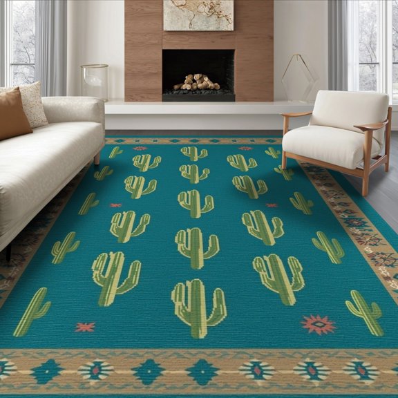 ODIKA 6'x9' Teal Tan Brown Retro Cowboy Horseshoe Washable Area Rug Vintage Frontier Spur Repeat Rustic Ranch Layout Ornamental Non-Slip, Chair-Friendly, for Dining Room, Under Table, Office Décor