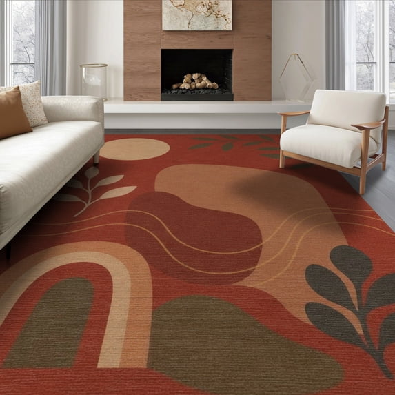 ODIKA 6'x9' Washable Area Rug Non-Slip, Easy Care, Terracotta Abstract Leaf Design Shapes with Modern Geometric Touch for Family Room, Living Room, Master Bedroom