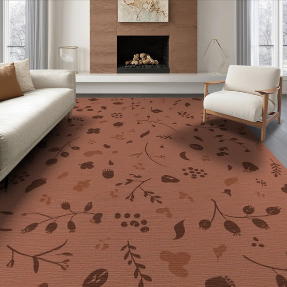 ODIKA 6'x9' Terracotta Botanical Style Floral Washable Area Rug Whimsical Scattered Motifs With Delicate Vine And Nature Non-Slip, Easy Care, for Family Room, Living Mater Bedroom