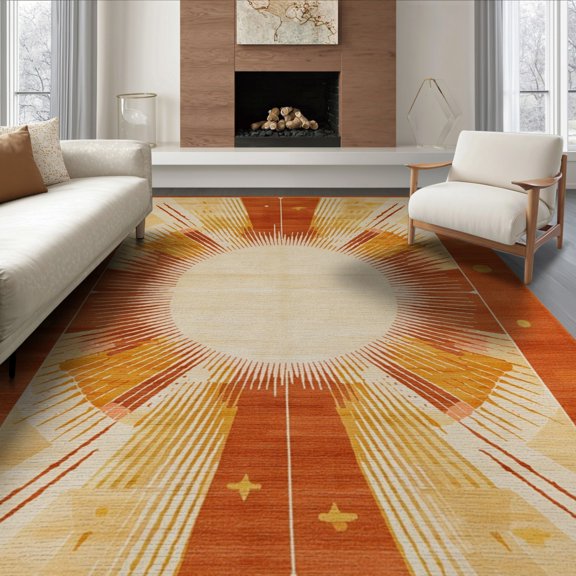 ODIKA 6'x9' Terracotta Retro Atomic Sunburst Washable Area Rug Forms Warm Tonal Blend Starburst Symmetry Ornamental for Queen Size Bedroom, Under Bed, Master Suite, Easy Care, Non-Shedding