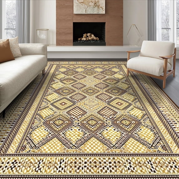 ODIKA 6'x9' Ultra-Soft Area Rug, Abstract Geometric Mosaic Layered Boho Motif Border Brushstroke None Washable, Bare feet friendly, Silk-Touch for Guest Room, Bedroom