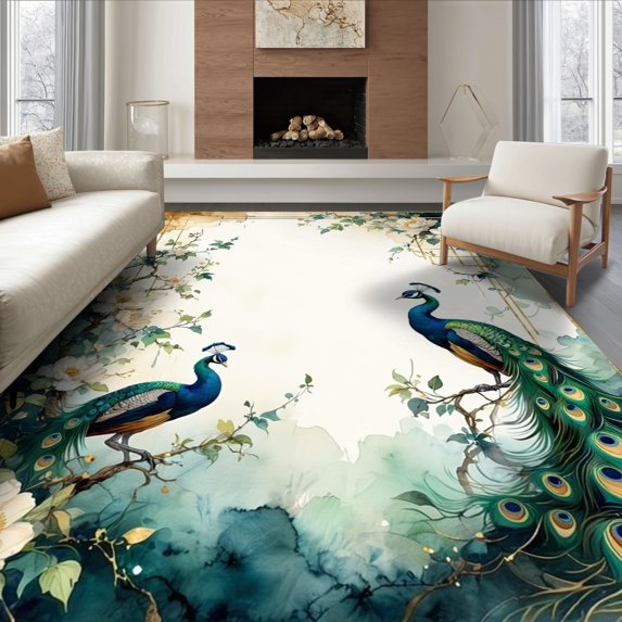 ODIKA 6'x9' Ultra-Soft Area Rug, Bathroom Vintage Symmetrical Plume Display Watercolor Classical None Washable, Bare feet friendly, Silk-Touch for Guest Room, Bedroom
