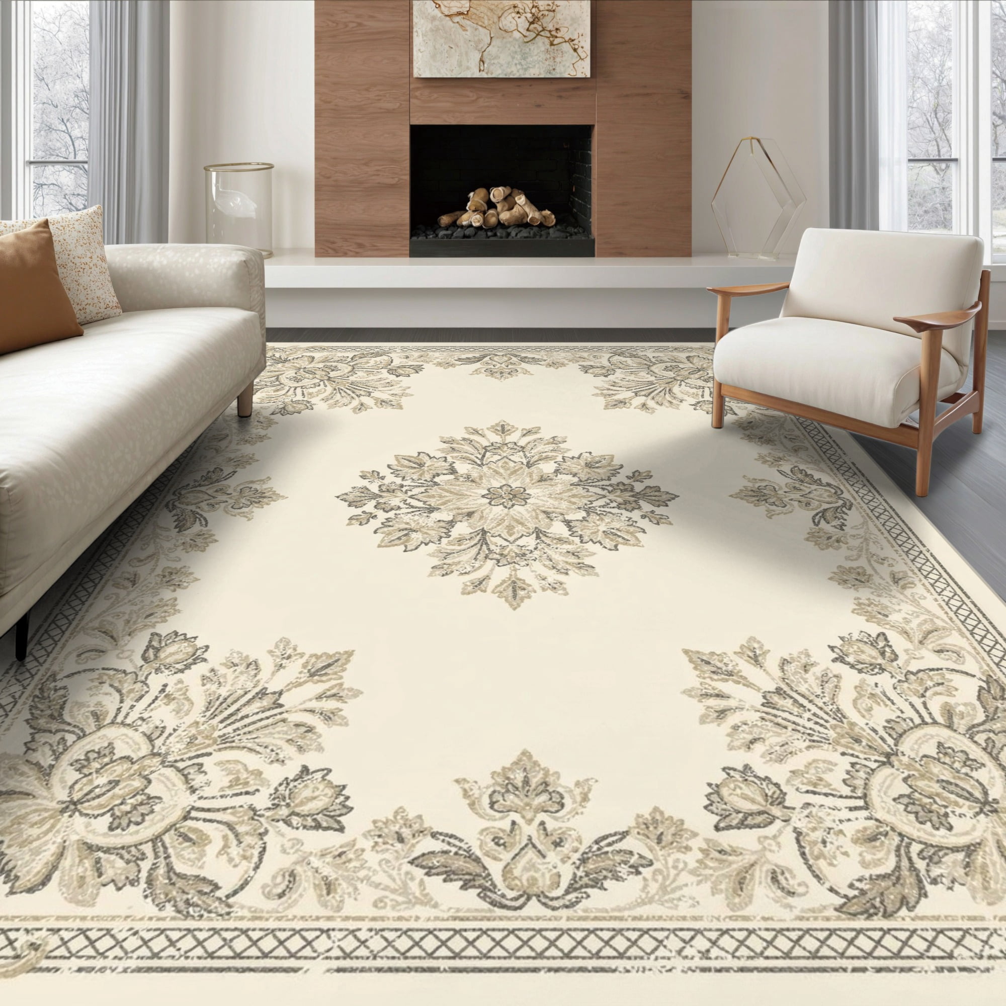 Beige Border Rug ODIKA 6'x9' Ultra-Soft Area Rug, Beige Boho Entry Faded Symmetrical ...