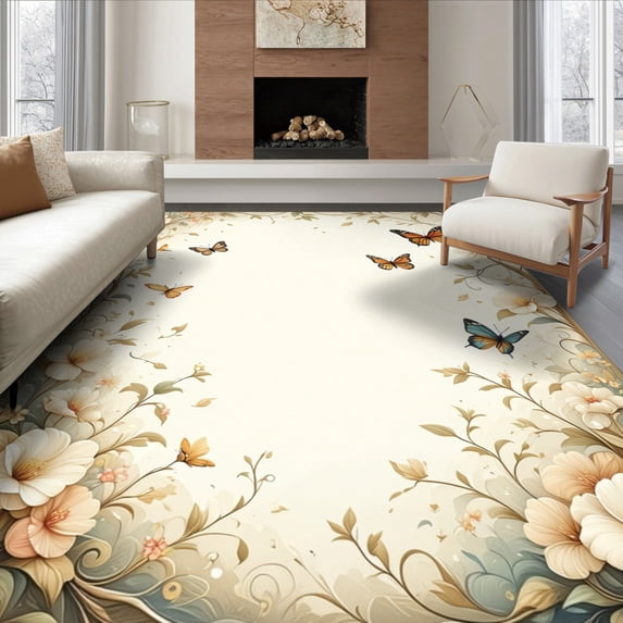 Simmetry Fower ODIKA 6'x9' Ultra-Soft Area Rug, Beige Butterfly Garden Design Motif ...