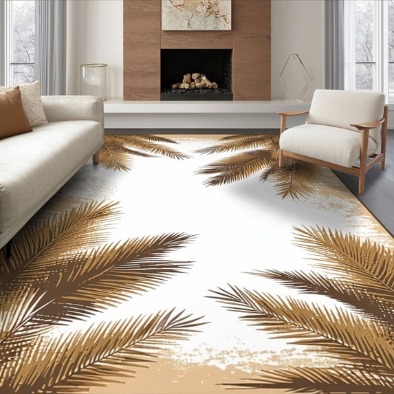 ODIKA 6'x9' Ultra-Soft Area Rug, Beige Cream Frond Botanical Repeat Rectangular Fronds Large Symmetrical None Washable, Bare feet friendly, Silk-Touch for Guest Room, Bedroom