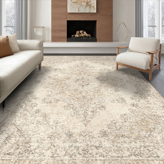 ODIKA 6'x9' Ultra-Soft Area Rug, Beige Details Neutral Artwork Featuring Symmetrical Colored Dining None Washable, Bare feet friendly, Silk-Touch for Guest Room, Bedroom