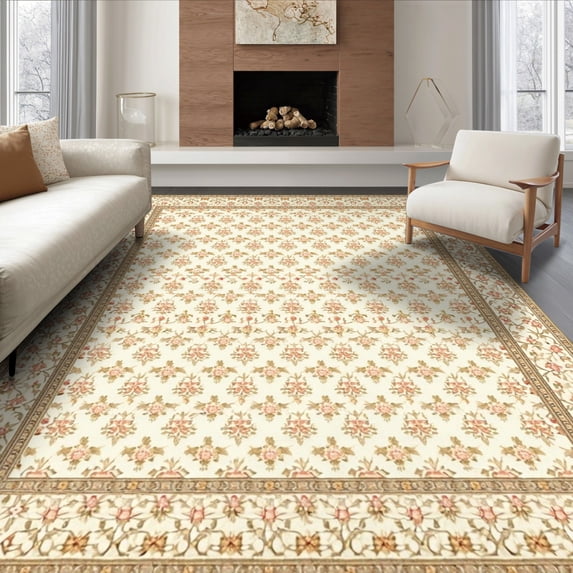 ODIKA 6'x9' Ultra-Soft Area Rug, Beige Motif Vintage Trellis Distressed Lattice Textured Pile None Washable, Bare feet friendly, Silk-Touch for Guest Room, Bedroom