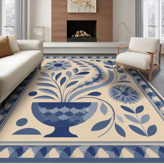 Geometric Border Rug Design ODIKA 6'x9' Ultra-Soft Area Rug, Blue Floral Vase with Geometric Border ...